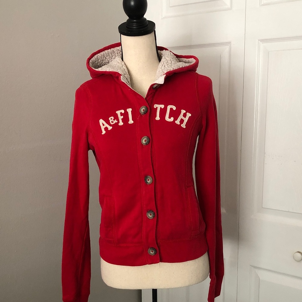 ABERCROMBIE Women Sherpa Lined Red Buttoned Hoodie | S